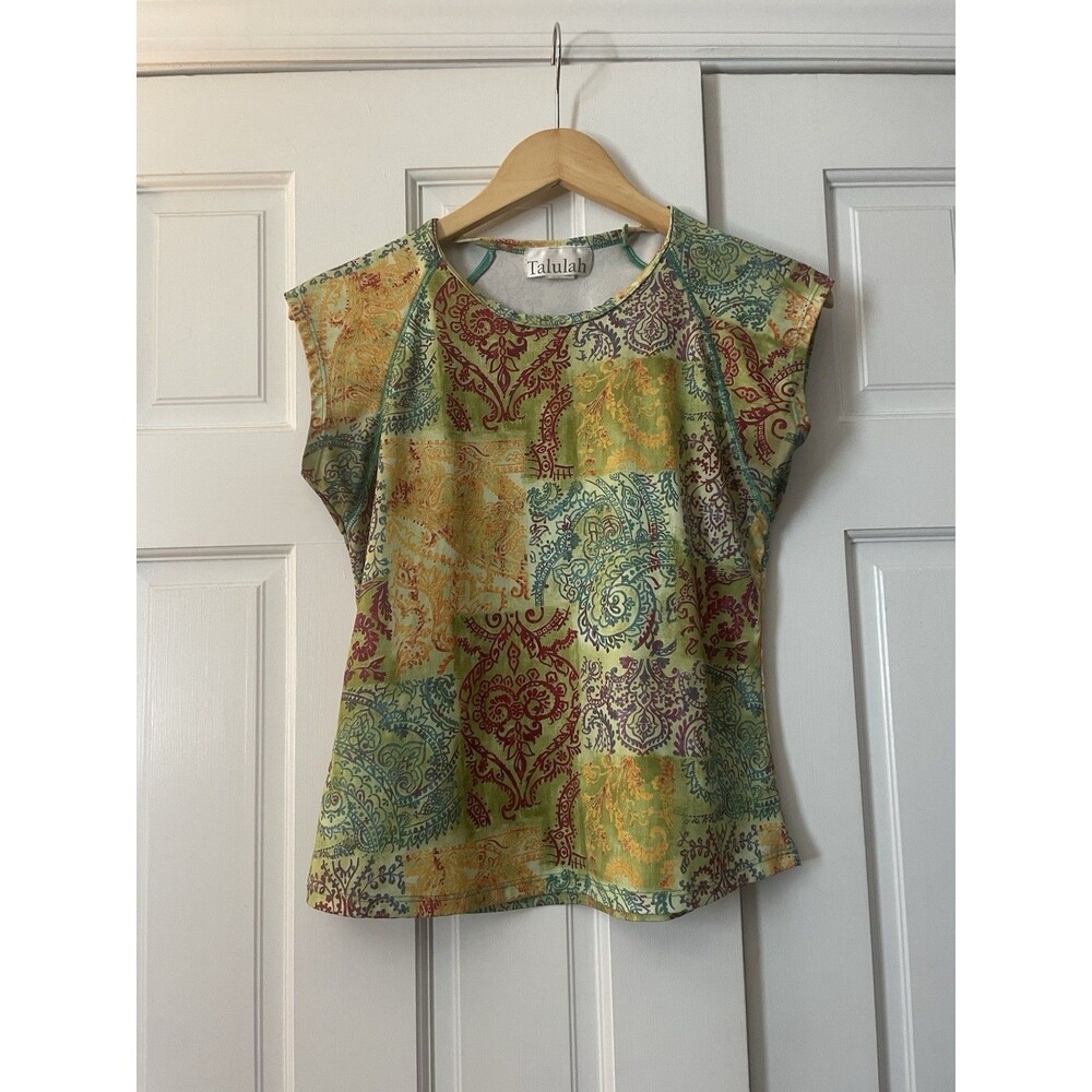 Talulah Women’s Medium Cap Sleeve Top Paisley Patchwork Multi-Color Blouse USA